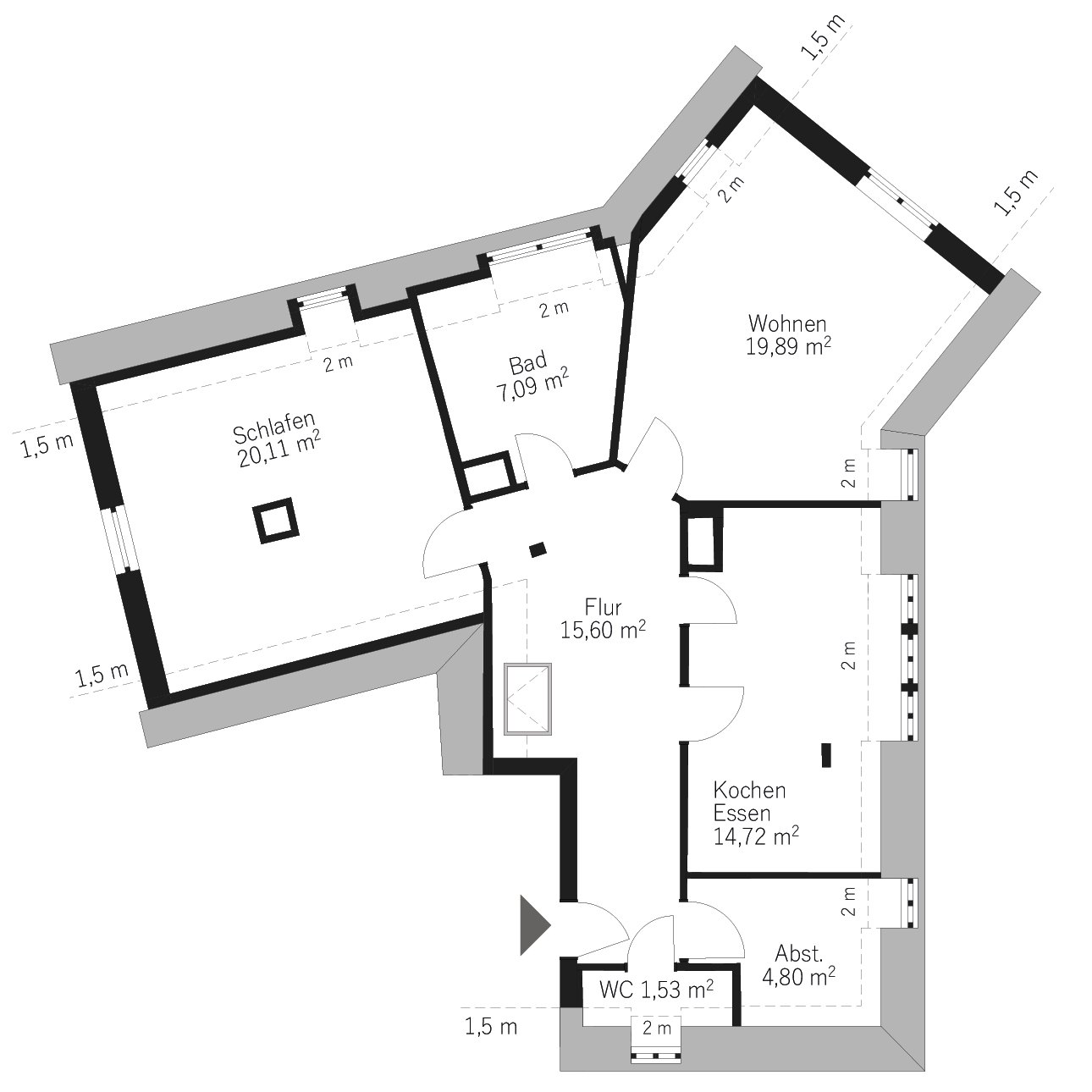 Grundriss einer Eigentumswohnung im CAD gezeichnet, mit Raumbezeichnungen und Flächen